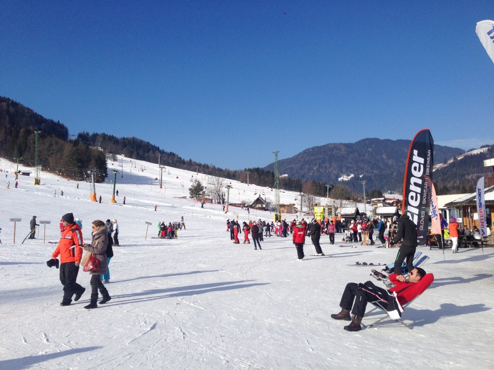 Kranjska Gora - bottom of lifts, plenty of places to lounge about